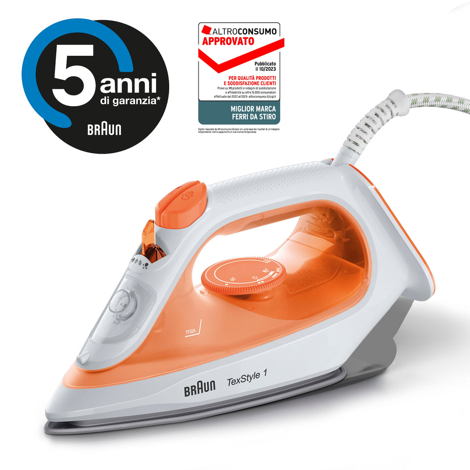 BRAUN FERRO VAPORE 1900W PIAST.NO-STICK TEXSTYLE1 ARANC.Attaccalaspina