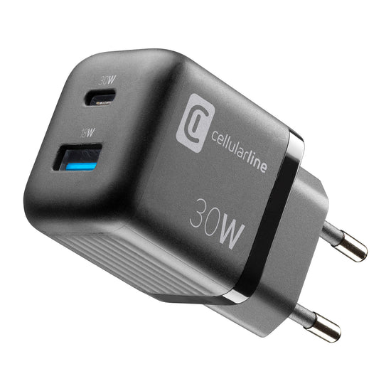 CELLULAR LINE CARICABATTERIE RETE GAN 2 PORTE 30W NEROAttaccalaspina